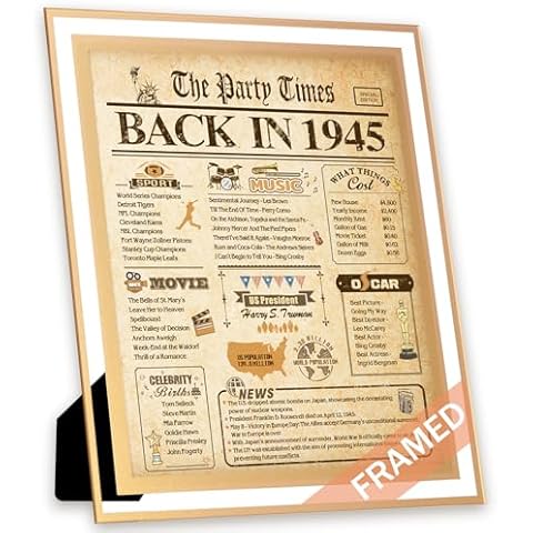 FALAMON Personalized 80th Birthday Gifts Card for Women or Men, Unique 80 Years Old Birthday Decorations - 8x10 Inch Vintage Framed Happy Birthday Custom Posters for Him or Her - Back in 1945 Cover