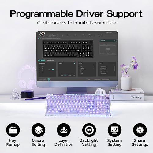 Image of KiiBoom Phantom 98 Hot Swappable Crystal Gasket-Mounted Mechanical Keyboard, Triple Mode NKRO Gaming Keyboard with South-Facing RGB, Clear Keycaps, 8000mAh Battery for Win /Mac (Purple)