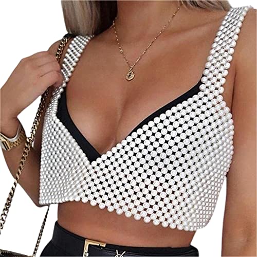 XBTCLXEBCO Sexy Pearl Cami Top for Women Sleeveless Hollow Out Beaded Camisoles Sling Crop Top Bra Vest Cover Up Clubwear4