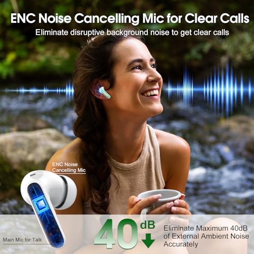 Image of Csasan Wireless Earbuds, Bluetooth 5.3 Headphones HiFi Stereo, 40H Playtime, Wireless Earphones with ENC Noise Cancelling Mic, IPX7 Waterproof Bluetooth Earbuds LED Display, Touch Control, Green