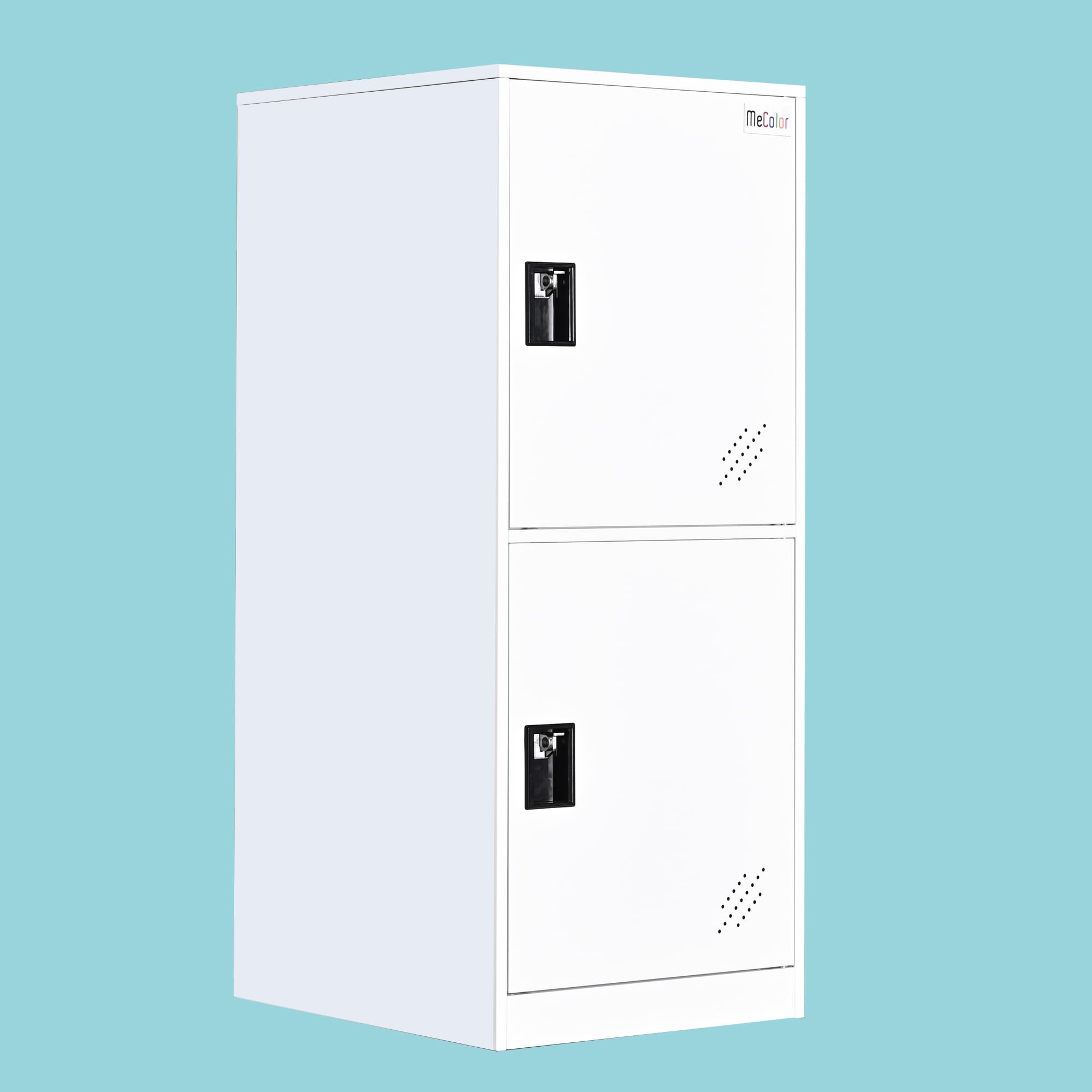 MECOLOR Armadietto portaoggetti in acciaio con lucchetto, armadio autoportante con chiusura verticale, armadietto in metallo bianco, per soggiorno, palestra (bianco, 2D), MCRP2VFW