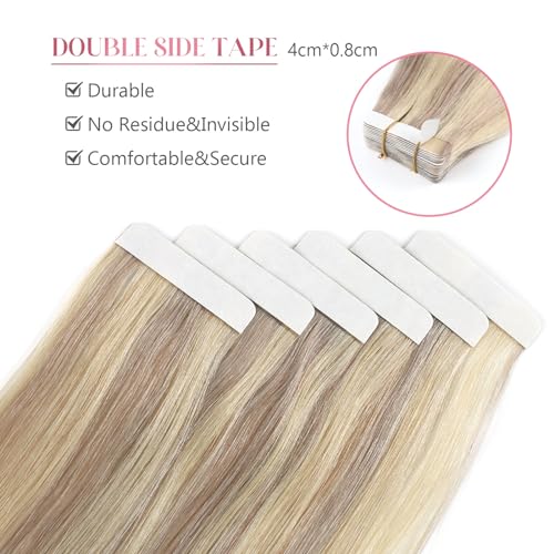 Image of Sixstarhair Tape in Hair Extensions Human Hair Highlighted Blonde to Medium Blonde Remy Human Hair Ombre Blonde Tape in Hair Extensions Soft Real Human Hair 50g 20pcs [P16 /22 16inch]