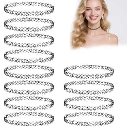 HABNI Tattoo Kette 90Er 12-Teilig Choker Halskette Set Stretch Gummi Halsband Damen Elastisch Schwarz Standard HABNI Tattoo Kette 90Er 12-Teilig Choker Halskette Set Stretch Gummi Halsband Damen Elastisch Schwarz Standard