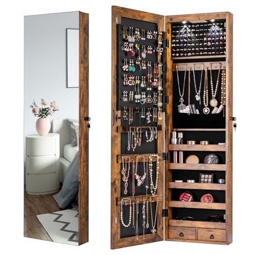 LDAILY Armario de joyería montado en pared o puerta, espejo de longitud completa con almacenamiento, armario de joyería con espejo con cerradura con 2 cajones, luces LED, organizador de joyas sobre la