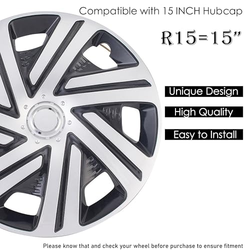 Image of Black with Silver Hubcap Wheel Cover Replacement Kit 15 inch Hub Caps Wheel Rim Cover Car Exterior Accessories Pack of 4, 15 Inches