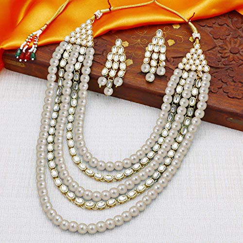 Image of Peora Kundan Faux Pearl Long Necklace & Jewelry Set Gift for Women