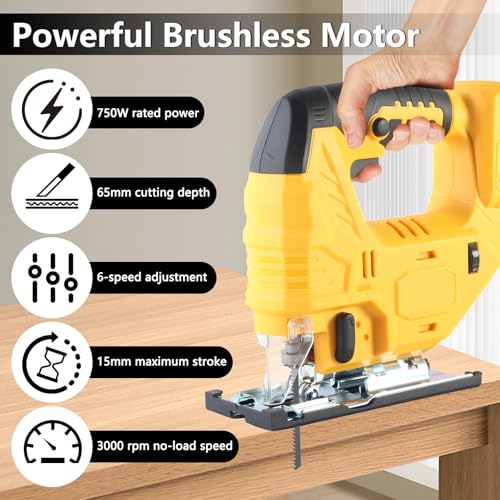 Cordless Jigsaw Compatible with Dewalt 18-20V Battery, 750W 3000 SPM, Electric Jigsaw Tool with 4 Orbital Setting, Brushless Motor, ±45°Bevel Angle, 6 Replacement Blades for Wood Metal(No Battery) 2 Cordless Jigsaw Compatible with Dewalt 18-20V Battery, 750W 3000 SPM, Electric Jigsaw Tool with 4 Orbital Setting, Brushless Motor, ±45°Bevel Angle, 6 Replacement Blades for Wood Metal(No Battery) - Image 2