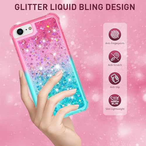 CAIYUNL for iPhone SE Case 2022(3rd Gen)/iPhone SE 2020 Case(2nd Gen)/iPhone 8 Case/iPhone 7 Case with Screen Protector, Glitter Bling Floating Liquid Women Girls Cute Shockproof Phone Case-Pink/Blue