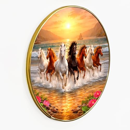Image of 7 Running Horses in Water Round Wall Art Painting With Frame For Living Room| Vastu Prosperity Decor Framed Painting | Round Artistic Wall Hanging for Home, Office & Gifting, 12 Inch