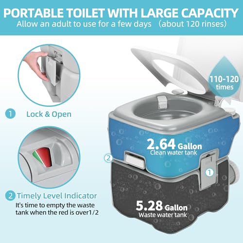 Image of YITAMOTOR Portable Toilet for Camping, Porta Potty Toilet with 5.3 Gal Waste Tank & 2.6 Gal Flush Tank, Bag, Sprayer, T-type Outlet, Level indicator, Anti-Leak Odor-Sealing Slide Valve for RV Outdoors