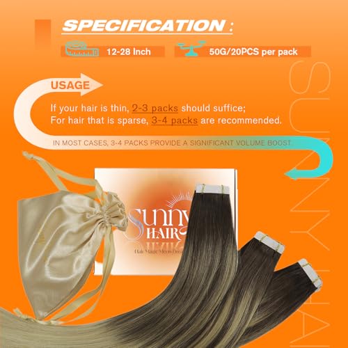 Image of Sunny Hair Tape in Hair Extensions Human Hair Balayage 18 Inch for Travel