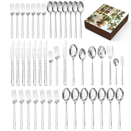 Image of KINGSTONE 45 Piece Hammered Silverware Set with Serving Utensils, 18 /10 Stainless Steel Flatware Set for 8, Cutlery Set for Home, Party, Wedding, Mirror Polished Dishwasher Safe