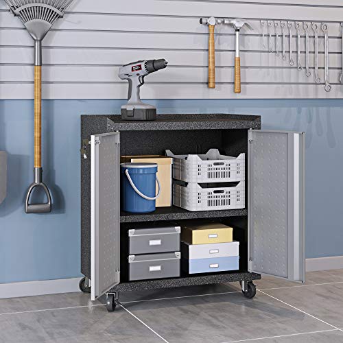 Image of Manhattan Comfort Fortress Rolling 2 Door Garage Storage Cabinet, Black /Gray