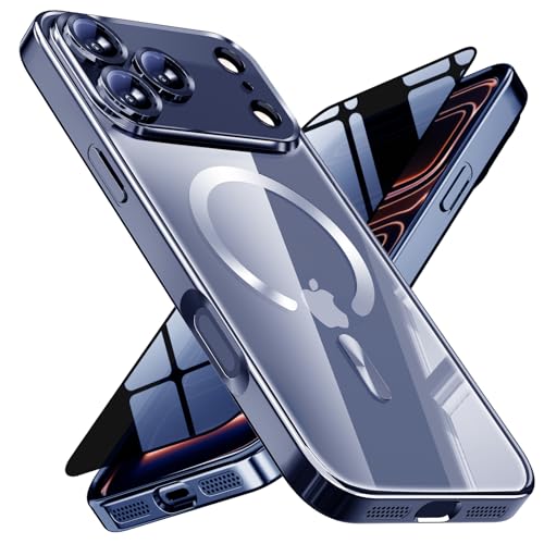 Image of Magnetic for iPhone 17 Pro Max Case with Privacy Screen Protector & Full Camera Cover,[Non-Yellowing] Shockproof Clear Phone Case Compatible with MagSafe Women Girls for iPhone 17 ProMax,Blue