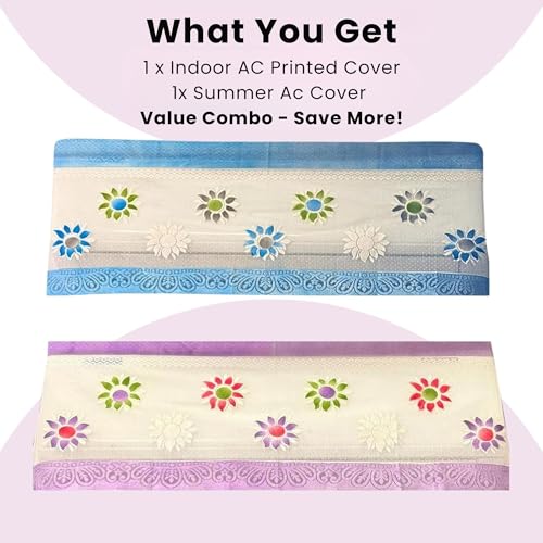Image of Combo Cotton Net Split AC Cover Indoor Unit for 2 Ton Capacity AC, Premium Work Indoor AC Dust Protection Cover Designer Summer Ac Cover for 2 Ton Ac (38 X 15.35 X 7.8 inch, Blue & Purple)