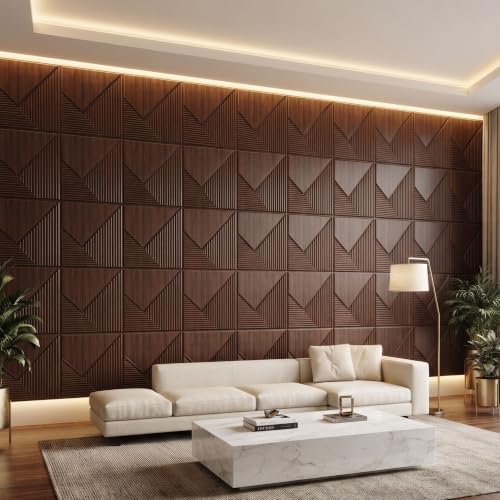 Image of Kayra Decor 3D PVC Wall Panels for Bedroom & Living Room | Plaina Design | Walnut Wood Color | 19.7 x 19.7 Inch | Pack of 12 | 32.28 Sq Ft