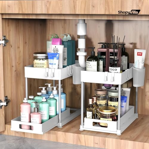 Image of Under Sink Organizers and Storage, Kitchen Bathroom Sink Organizer with Hooks, 2 Tier Under Sink Cabinet Basket Storage Shelf with Sliding Drawers (1, White)