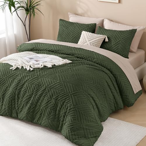 Image of Andency Dark Olive Green Comforter Set King Size, 3 Pieces Boho Men Bedding Set & Collections, Farmhouse Tufted Fluffy Bedding Comforter Set for All Seasons (1 Comforter 104x90In, 2 Pillowcases)