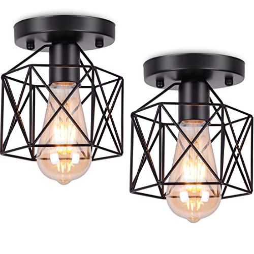 AWEKLIY Lot de 2 Moderne Plafonnier Industrielle Retro en Métal Cage,Noir Plafonnier Vintage lustre Suspension Luminaire E27 pour Entrée,Porche,Couloir,Salle à Manger Cover