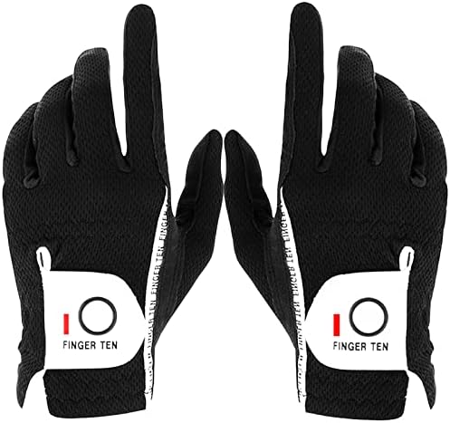 FINGER TEN Men's Golf Glove Rain Grip Pair Both Hand or 2 Pack Left Right Hand, Hot Wet Weather No Sweat, Black Gray Green, Fit Size Small Medium Large XL (Black, Medium, Ambidextrous)