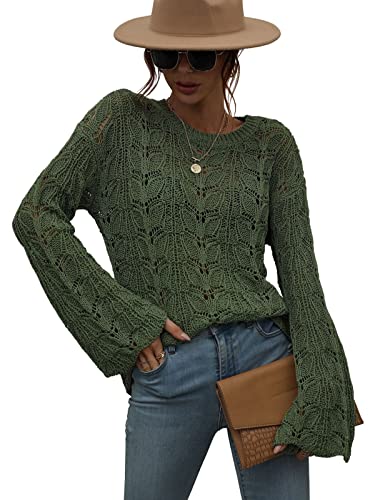 chouyatou Women's Spring Bell Sleeve Crochet Sweater Boho Hollow Out Pullover Sweater Tops Blouse