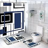 Likiyol 4 Pcs Blue Geometric Shower Curtain Sets with Non-Slip Rugs, Toilet Lid Cover and Bath Mat,