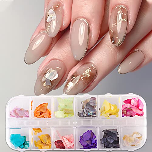 12 Grids Seashell Nail Art Flakes Holographic 3D Irregular Nail Art Glitter Sequins Summer Seashell Slices Nail Art Supplies Sparkly Colorful Ocean Shell Nail Flakes For Women Nail Art Decoration #TOP1