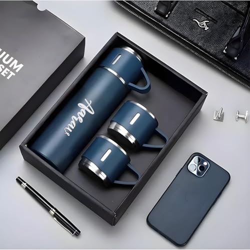 Image of DIGALI Personalized Flask Set with 3 Cups | Premium Gift Set for Drinks | Stainless Steel Flask with Shot Glasses for Travel, Parties, and Gifting | Durable & Stylish (Customizable) (Blue)
