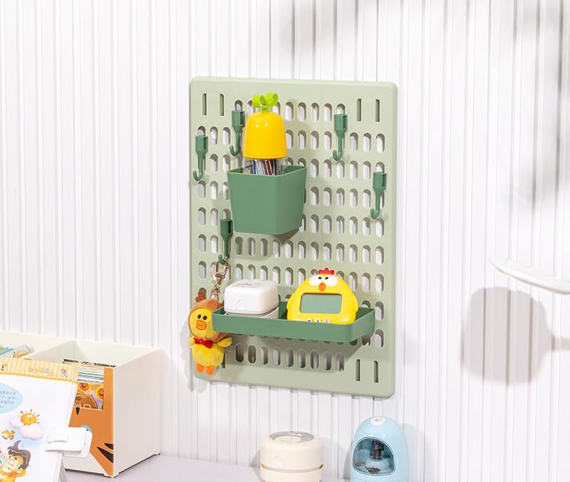 SunlinkPegboard Wall Mount Display Self-adhesive Without Drilling Wall Panel, 1 Pack Pegboard Organizer with 7 Accessories Durable Plastic Wall Organizer Kit for Home Kitchen Bathroom Office (green)