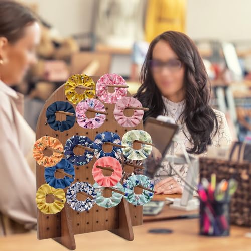 Wooden Pegboard Display Stand with 25 Pcs Dowel Rods, Pegboard Accessories Rack, Keychain Jewelry Display Stand for Vendors, Oval Pegboard Stand for Jewelry, Craft Shows, Necklace Pin, Earring (Brown)