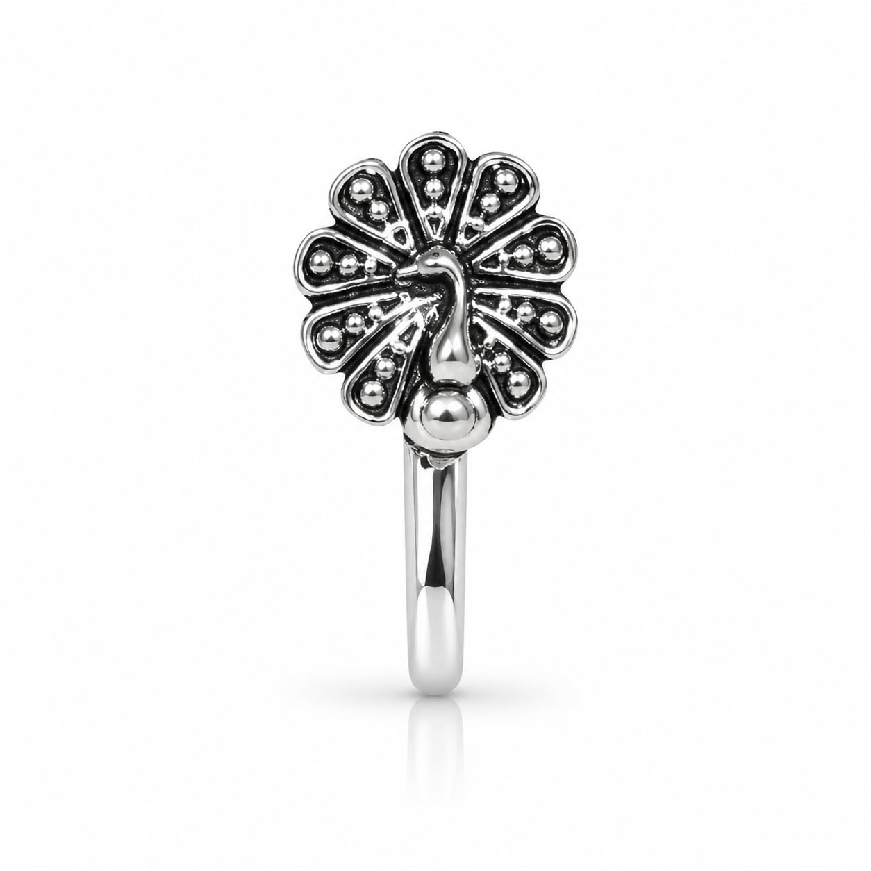 Plus Jewellery Designer Oxidised silver finishing Peacock shape Nose Pin | Ring | Without Piercing | Adjustable | Nose Ring | Nathiya|Nathani | For Festival |Navratri For womens & Girls.-image-47