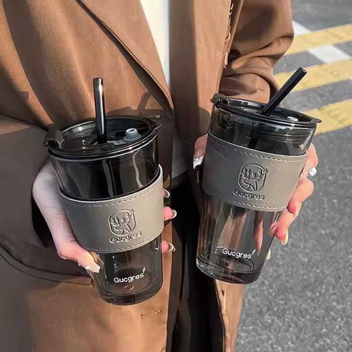 Image of 450ml Glass Tumbler with Lid & Straw - Reusable Iced Coffee Cup with Black Leather Sleeve, Leakproof Travel Sipper for Smoothies, Juice, Tea, Hot & Cold Beverages (Black) (Pack of 1)