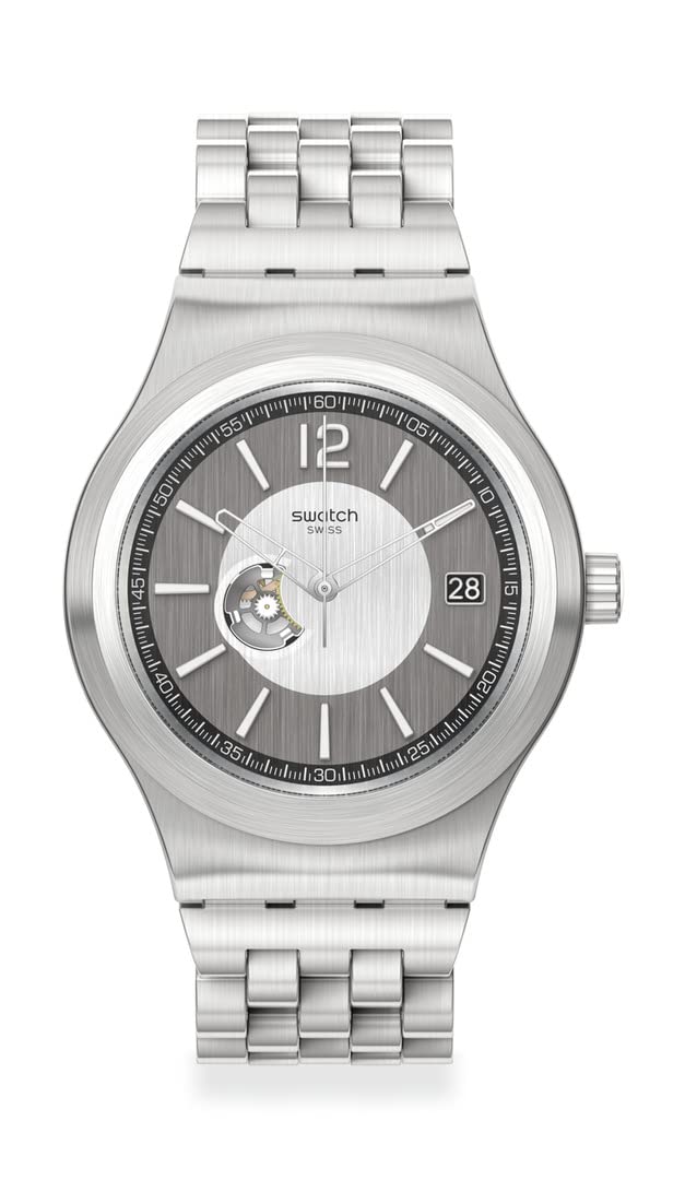 Swatch Irony SISTEM51 Stainless Steel Swiss Automatic Silicone Strap, Grey, 21 Casual Watch (Model: 