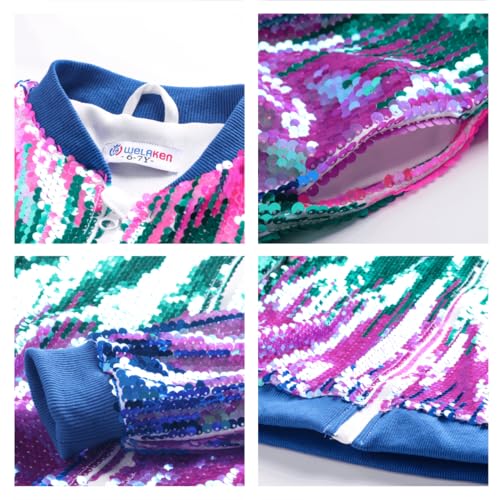 WELAKEN Girls' Ombre Sequin Bomber Jacket with Pockets Lightweight Sparkle Long Sleeve Zipper Gradient Jackets for Kid3