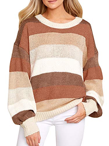Ybenlow Womens Color Block Oversized Sweaters Batwing Sleeve Striped Loose Pullover Knit Jumper Tops Rust