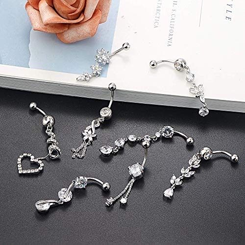 Funrun Jewelry 8Pcs 14G Stainless Steel Dangle Belly Button Ring Navel Piercing Clear Cz Inlay Body Piercing Jewelry Barbell Silver Tone #TOP4