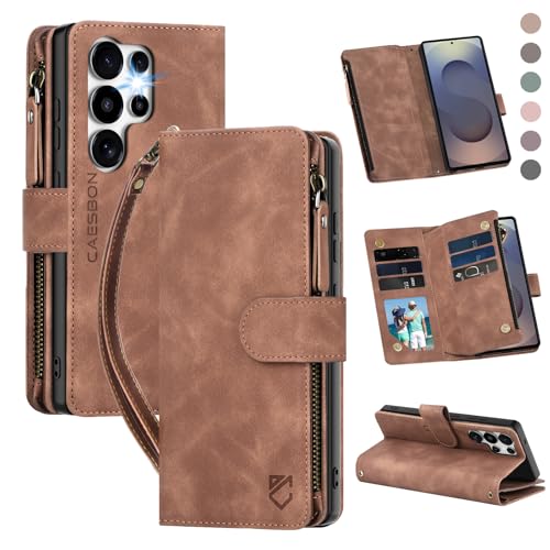 CAESBON for Samsung Galaxy S25-Ultra-Wallet Case: with RFID Blocking Card Slots (6 Cards) | Soft PU Leather Magnetic Snap Zipper Pocket | Crossbody Wrist Strap Protective Phone Cover - Brown