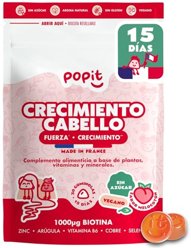 POP IT Gominolas para el Pelo y Uñas - Acelera el Crecimiento y Reduce la Caída - Biotina Gummies, Zinc y Selenio - Vegano, Sin Azúcar, Sabor Melocotón - Vitaminas Pelo - 30 Unidades