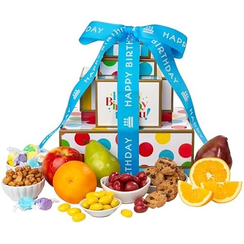 GreatFoods Happy Birthday Fresh Fruit Tower with Peanuts, Cookies, Chocolate Cherries & More Great fruit basket gift for corporate gifting, snack gift basket, gourmet food gifts Cover