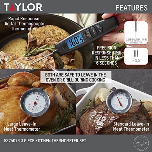 Taylor Thermometer 3Pc Set Includes 1 Super Fast Digital Thermometer And 2 Leave-In Oven-Safe Analog Meat Thermometers, Multicolor (5274076), Multicolored #TOP2