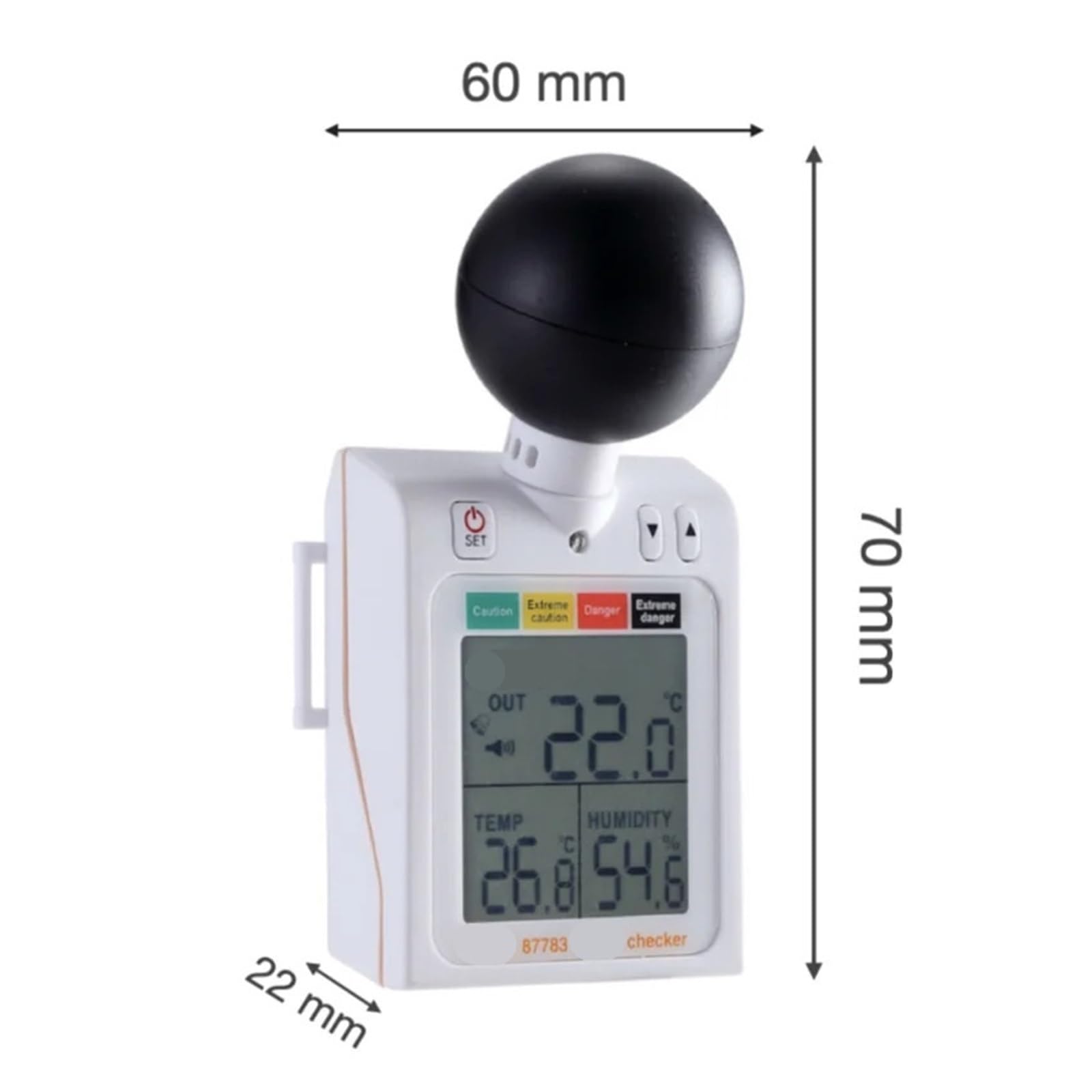 Détecteur de gaz, AZ87783 Compteur d'indice de prévention des Coups Chaleur température et d'humidité Moniteur à Boule Noire extérieure, pour la Maison