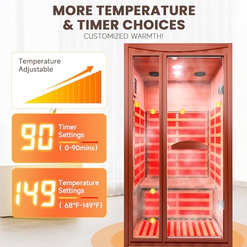 Image of OUTEXER Far Infrared Sauna Home Sauna Spa Room for 1-2 Person Low-EMF Canadian Hemlock Wood 1550W Indoor Saunas with 7 Color Light 39.3 * 35.4 * 74.8Inch