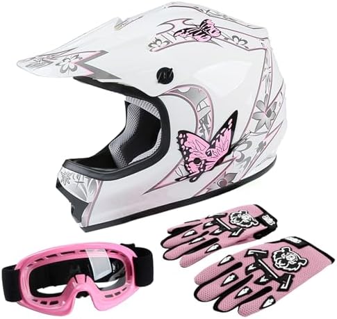 TCT-MOTORPARTS DOT Youth Kids Four Wheeler Girls Riding Helmets Motocross ATV Helmets Offroad Street Dirt Bike Go-Kart BMX MX Full Face Helmet Pink Butterfly Medium Size