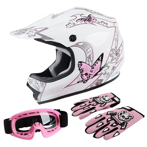 TCT-MOTORPARTS DOT Youth Kids Girls Motocross ATV Four Wheeler Helmets Offroad Street Dirt Bike Go-Kart BMX MX Full Face Helmet Pink Butterfly Samll Size