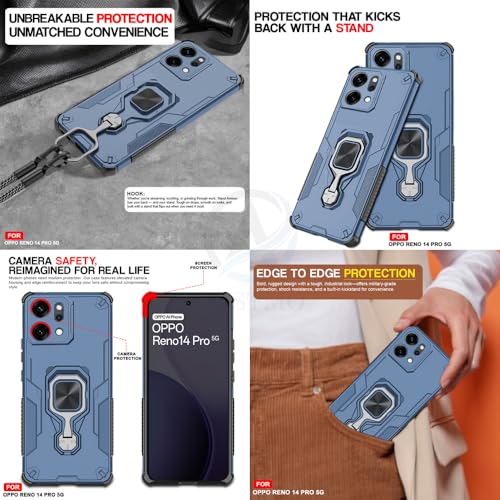 Image of AESTMO Armor Back Cover for Oppo Reno 14 Pro 5G | Ring Holder & Kickstand & Camera Protection in-Built | 360 Degree Protection Back Case Cover (Blue)
