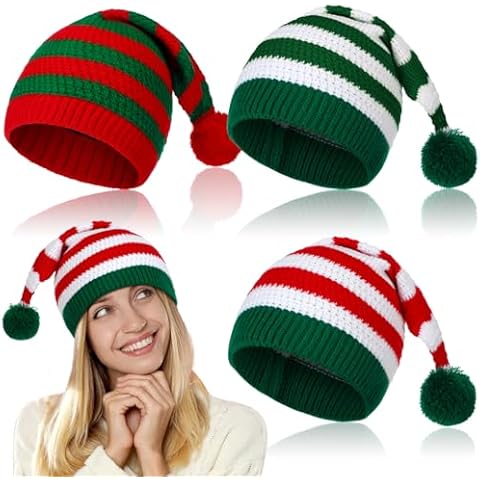 Funtery 3 Pcs Christmas Knitted Santa Hats Elf Hat Crochet Christmas Beanie Xmas Party Caps for Adults Women Men(Classic Style) Cover