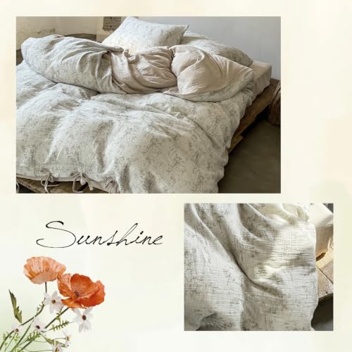 Image of VM VOUGEMARKET Beige Ink Bamboo Print Double Layer Cotton Duvet Cover Set Twin,Natural Crinkled Cotton Muslin Bedding Set,Vintage Oriental Botanical Comforter Cover with Bow Ties