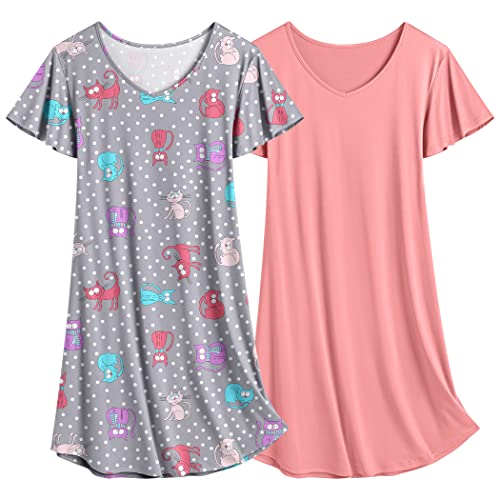 Image of Ekouaer 2 Pack Nightgowns for Women Short Sleeve Nightshirt Soft Sleepdress