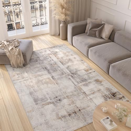 TAPISO Valley Teppich Kurzflor Modern Abstrakt Grau Beige Creme Mehrfarbig Linien Meliert Verwischt Wohnzimmer Schlafzimmer ÖKO-TEX 300 x 400 cm