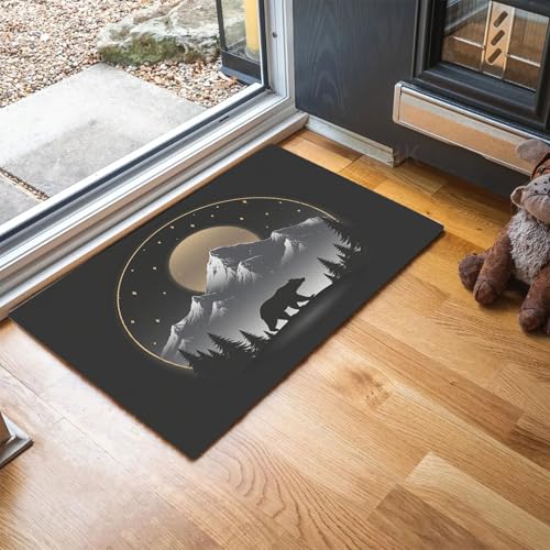 Tapis Entree Interieur Antidérapant Style Minimaliste,Paillasson Exterieur Entree Lavable En Machine Silhouettes De La Lune Montagnes Enneigées Ours,...
